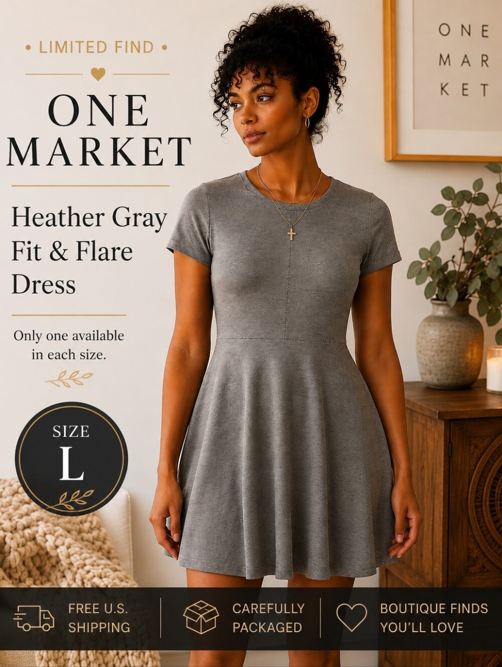 One Market Gray Fit & Flare Skater Dress L